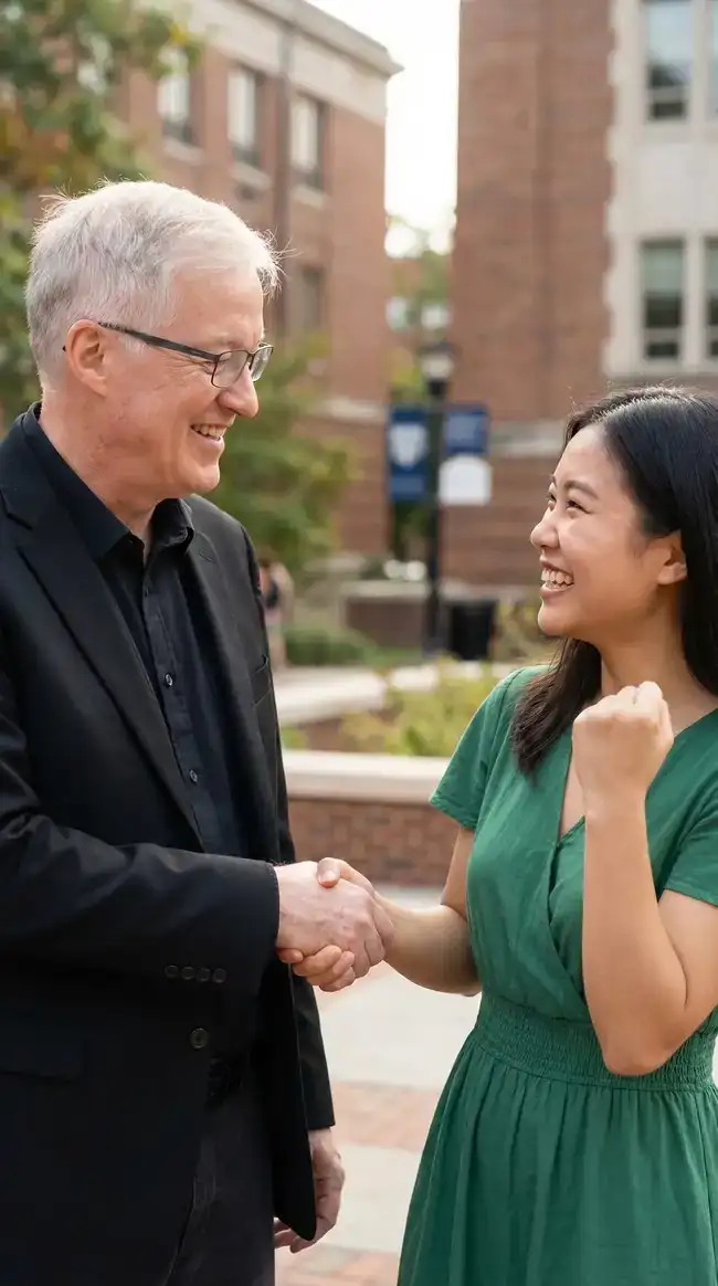 Dr. Donnelly congratulating a GMAT student on campus