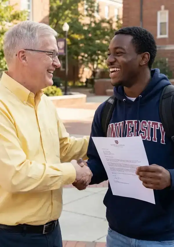 GMAT student celebrating an MBA acceptance letter with Dr. Donnelly